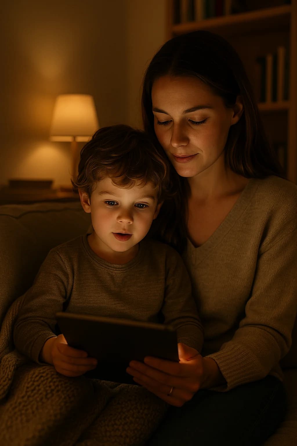 Birlikte sakin bir hikaye anını paylaşan anne ve çocuk